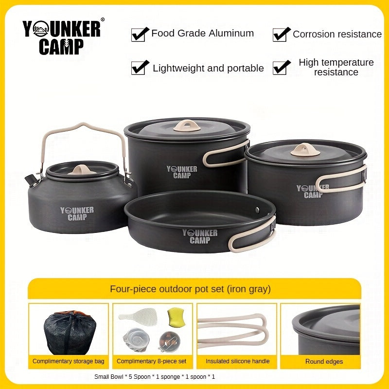 Experience the great outdoors with the YOUNKER CAMP 12-Piece Camping Cookware Set. This aluminum lightweight portable set includes camping pots and pans complete with a stove, perfect for hiking, picnics, and more. Made from food-grade materials with