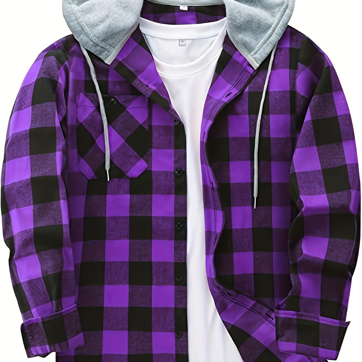 Men's plaid hooded shirt in polyester blend (70% Polyester, 30% Rayon) with non-stretch fabric, loose fit, button details. Great for spring/fall, can be layered under a jacket or worn as a