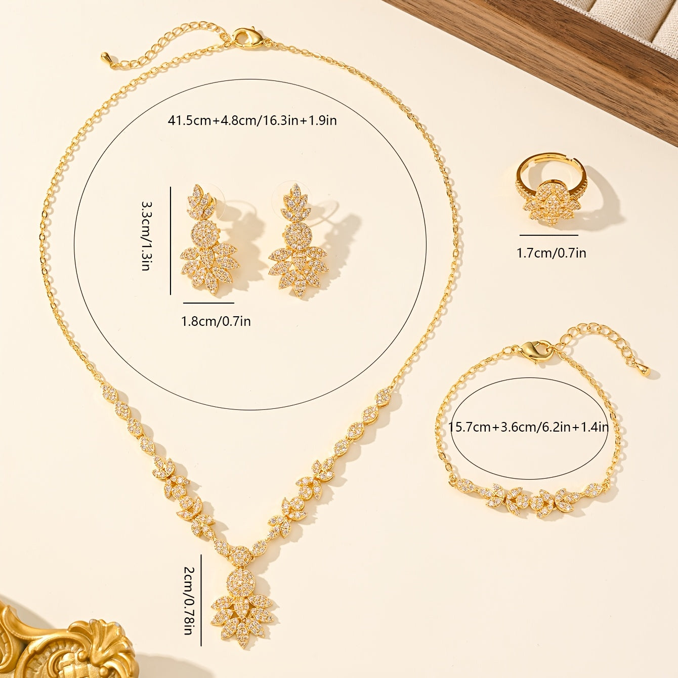 Luxurious 5-piece Jewelry Set for Women, Featuring 18K Gold-Plated Copper adorned with Synthetic Zirconia Stones in a Stunning Floral Design. Includes Necklace, Earrings, Bracelet, and Ring, Perfect for Everyday Wear or Special Wedding Occasions.