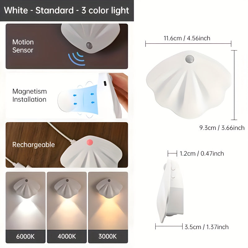 Sleek motion sensor wall light with adjustable brightness, USB powered, 3 color options for various spaces.