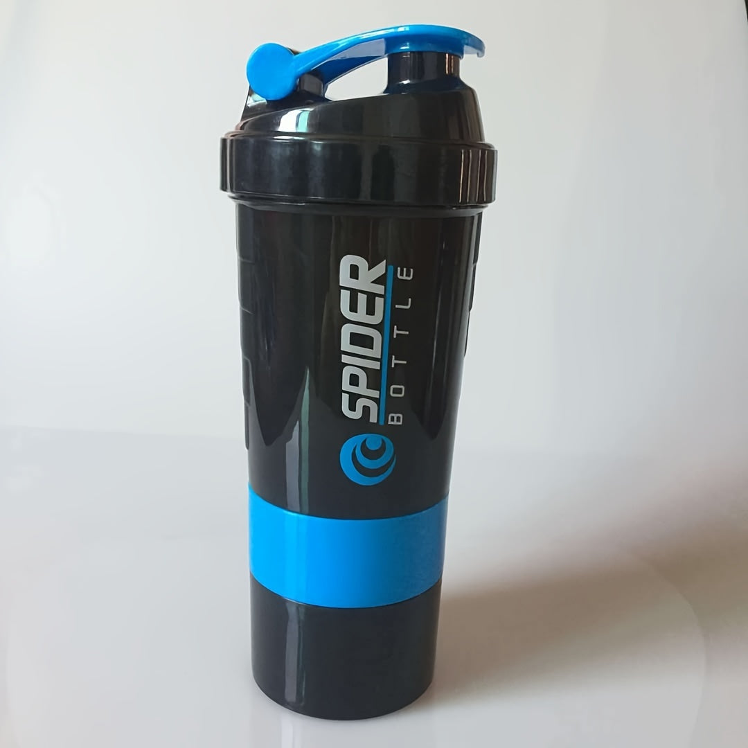 16oz sports water bottle with non-slip three-layer design, twistable mixer for protein powder, leak-proof, and storage for shaking.