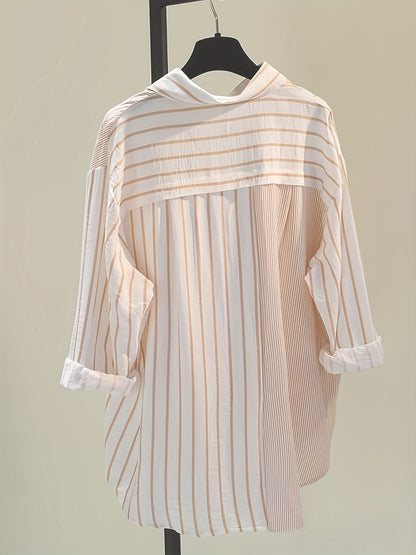 Long-Sleeve Elegant Striped Shirt for Plus-Size Women