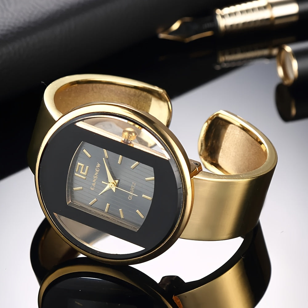 Luxury women's wrist watch with hollow dial, round analog display, alloy case and strap, and button battery for fashion accessory.