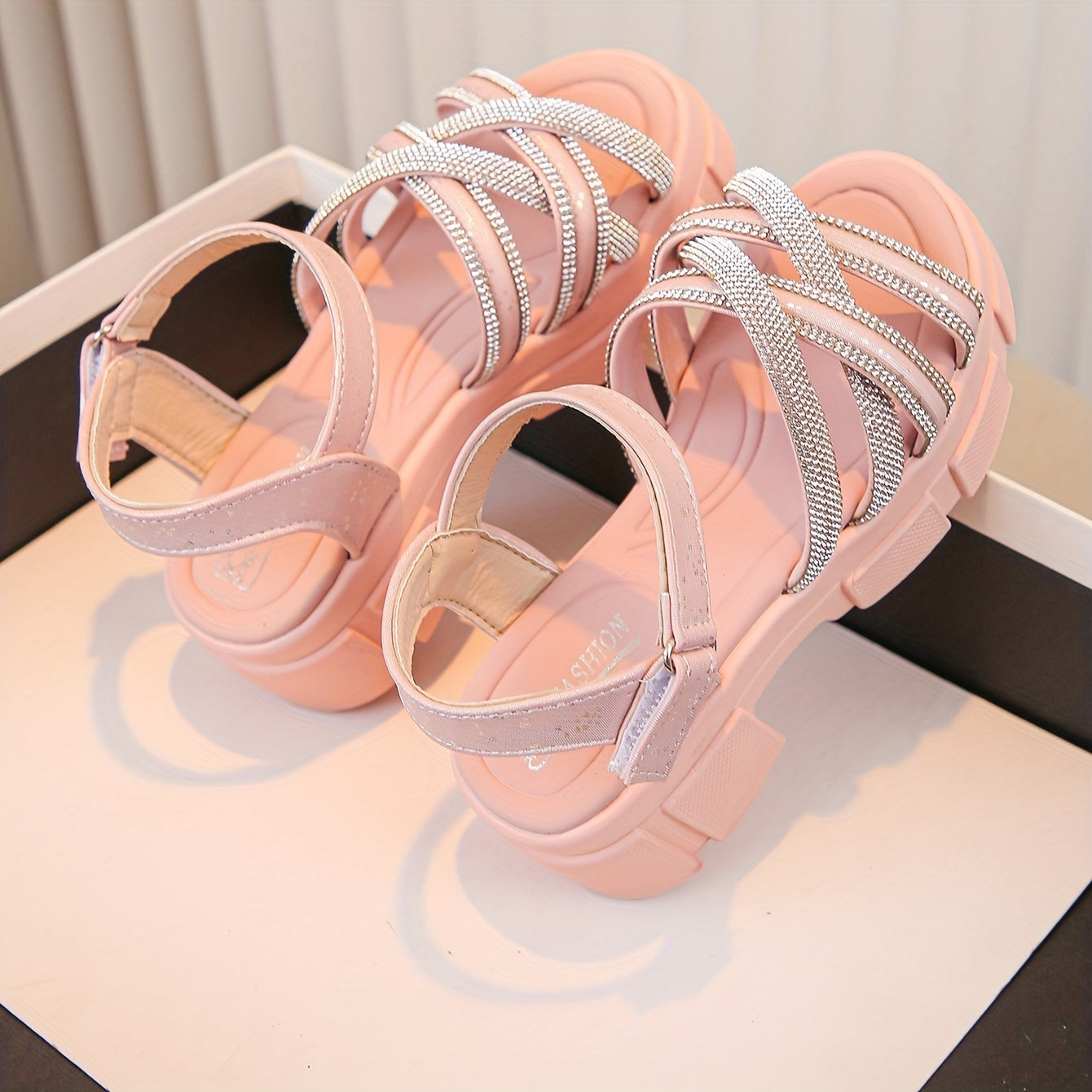 Pink princess sandals with sparkles, high heel, soft sole, hook-and-loop strap, rhinestone accents, for casual spring/summer wear, girls shoes.