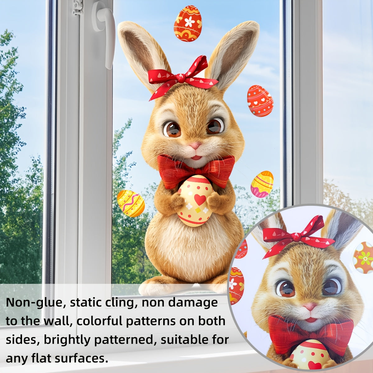 Easter themed window sticker featuring a rabbit, egg, silk, and double-sided adhesive (20*30cm) - perfect for living room decoration (model number D16012-YJ)