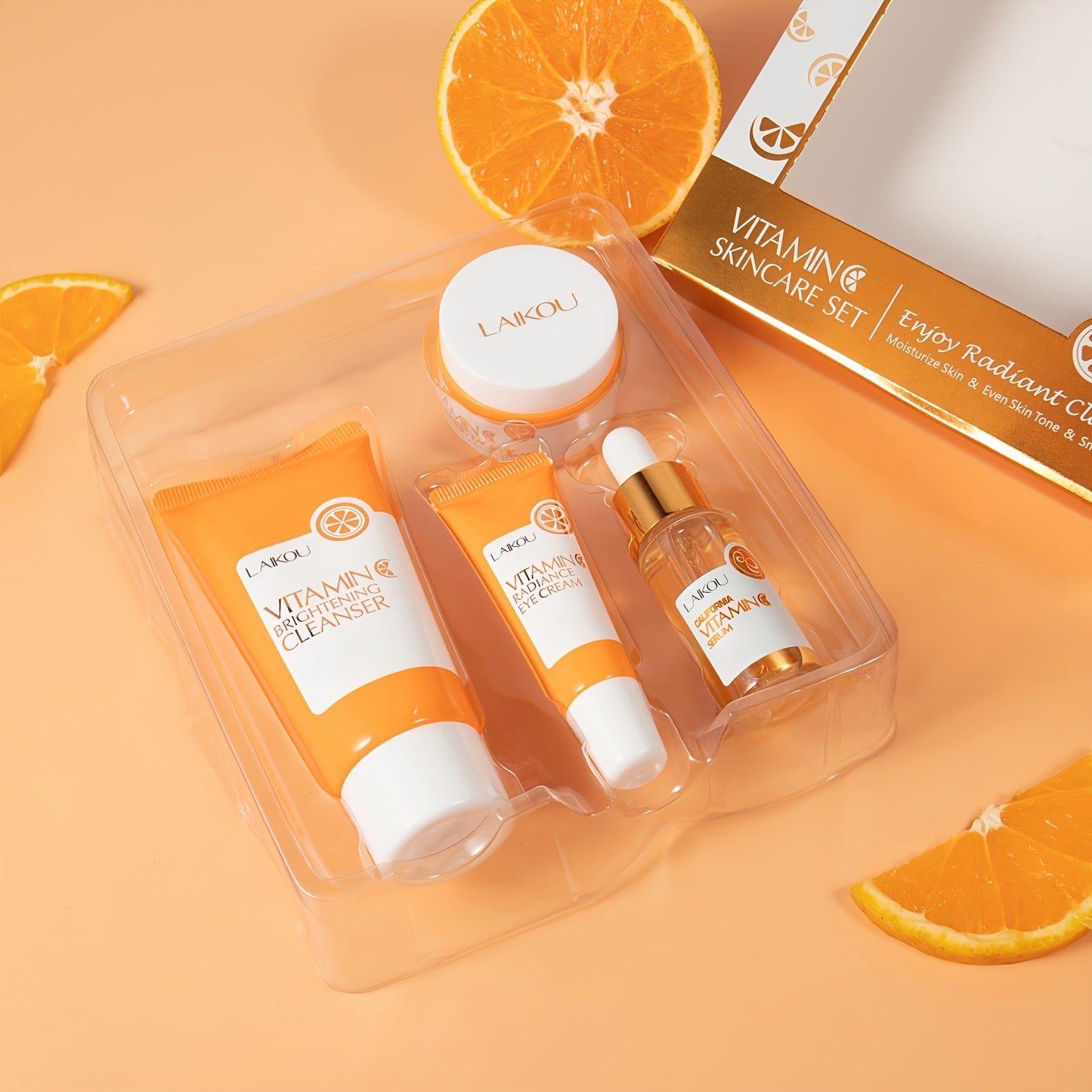 LAIKOU Vitamin C Skincare Gift Set includes 4 hydrating & moisturizing facial care products with hyaluronic acid, suitable for all skin types.