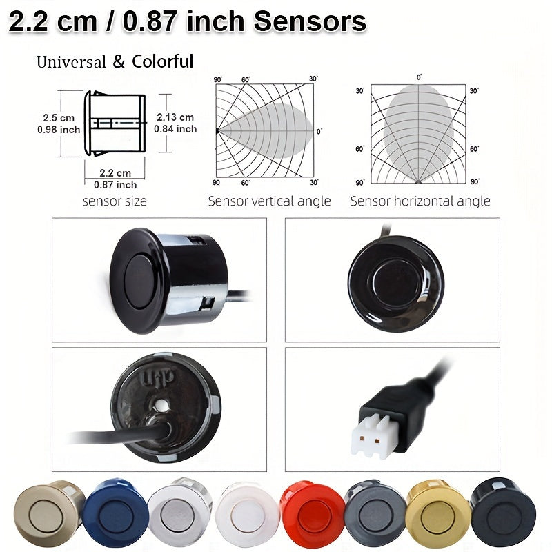 Car Reversing Radar with 4 parking sensors, LED display, sound indicator, 8 colors, and reverse parking assistance.