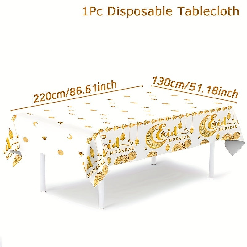 1 Elegant White & Golden Moon Eid Tablecloth with "Eid Mubarak" Design and Islamic Motifs, Disposable Plastic Cover for Ramadan Kareem and Eid Al Adha Celebrations, Ideal for Muslim Party