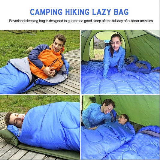 Ultra-warm camping sleeping bag with hat, thick quilt design, ideal for outdoor adventures, mountaineering, and winter travel in blue or green color options.