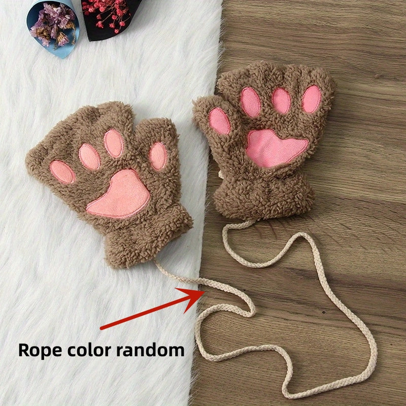 Soft and thickened half-finger winter gloves featuring cute cartoon cat paw design, ideal for keeping your hands warm and cozy. These touchscreen gloves are perfect for adding a touch of fun to your winter wardrobe.