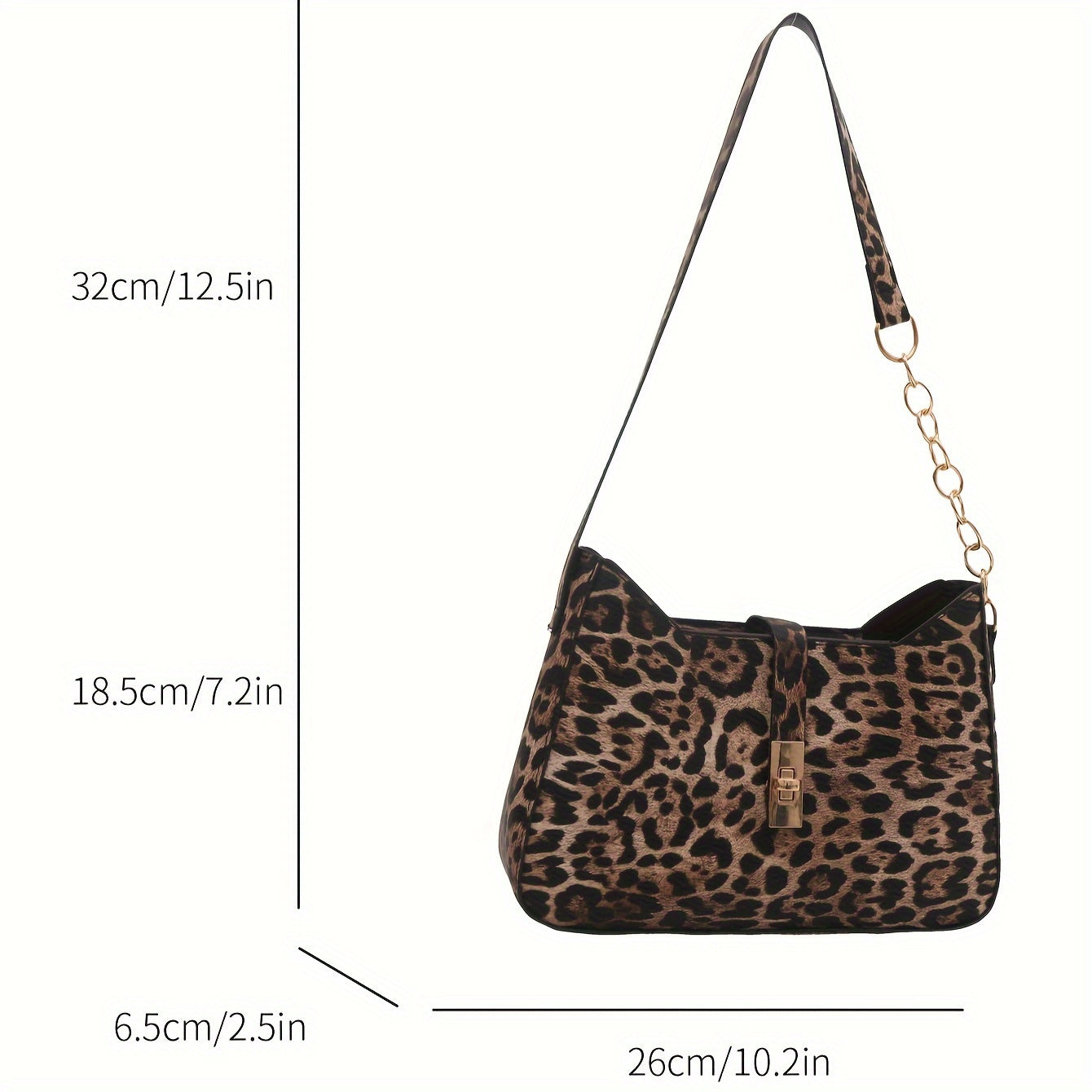 Leopard Print Shoulder Bag with classic clasp, PU strap, zip closure, and faux leather lining.