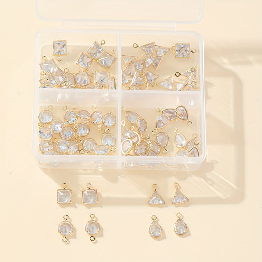 80 pieces of electroplated metal pendants with bright cubic synthetic zirconia in various shapes, perfect for creating jewelry.