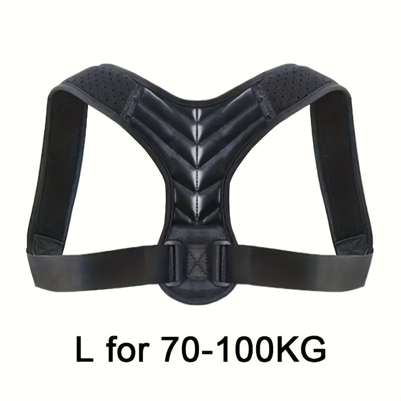 Sleek black posture corrector with adjustable straps for men and women, provides clavicle and lumbar support, made of durable polyester, hand-washable.