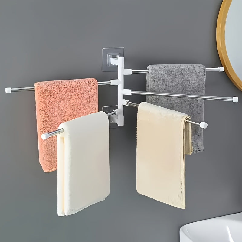 Modern wall-mounted towel rack with rotating hooks, stainless steel and plastic construction, suction cup shelf for toiletries and towels.