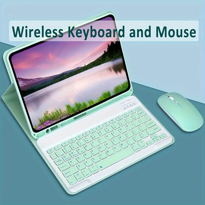 Portable keyboard and mouse combo for tablets - compatible with iPad, Android, Samsung, Xiaomi. Features wireless connectivity, rechargeable battery, optical motion detection, light green &