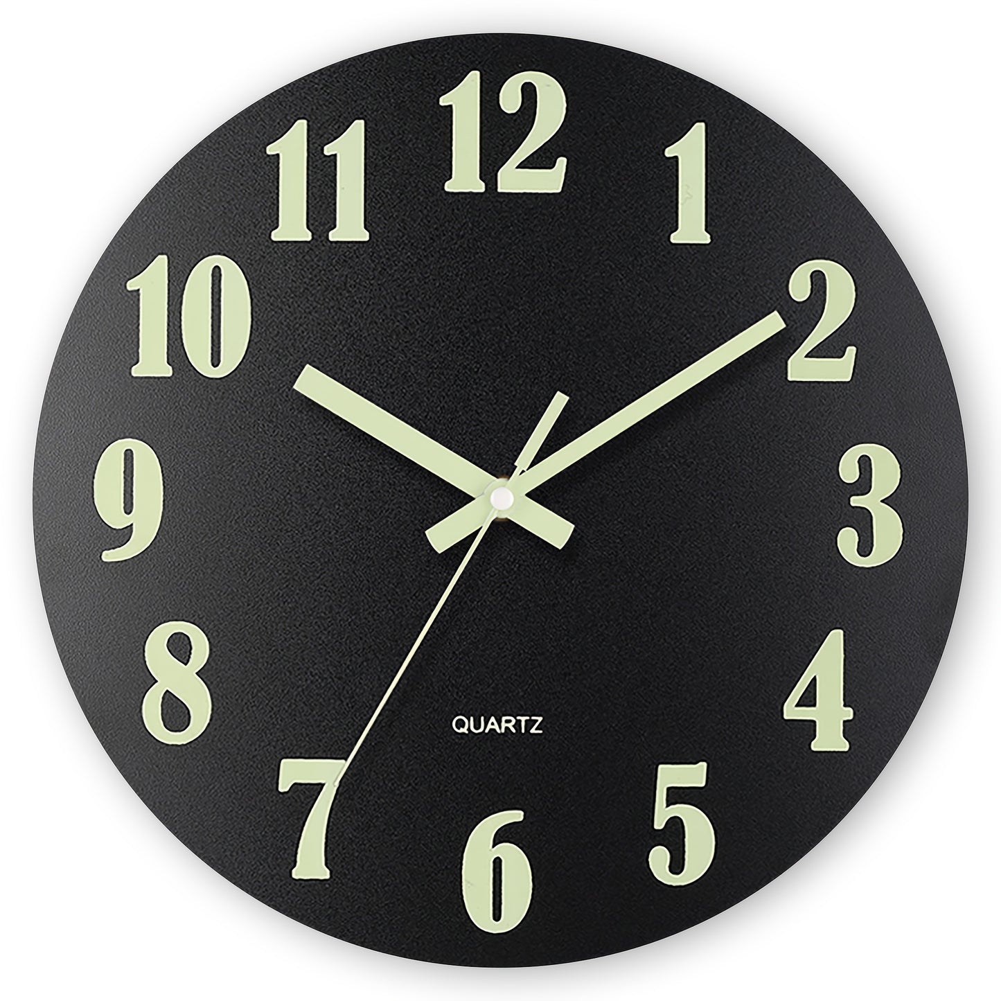 Black glow-in-the-dark wall clock with retro design and silent non-ticking mechanism. Features wooden frame, luminous green numbers for day and night display. Ideal for living room, bedroom, kitchen, or office decor. Batteries not included.