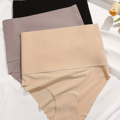 Three seamless solid briefs with high waist design, made of breathable and stretchy material, perfect for women's lingerie and underwear.