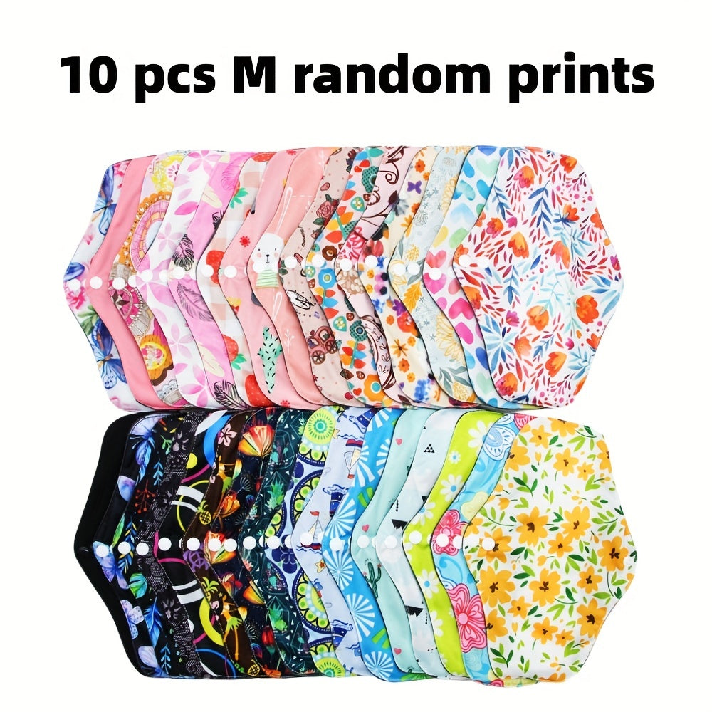 5 or 10 random color reusable menstrual pads made of bamboo cloth, designed for heavy flow with wings, washable overnight cloth panty liners for women's periods.