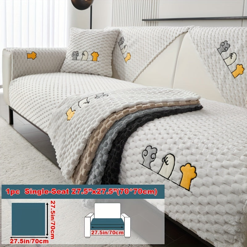 Modern honeycomb fleece sofa cover with embroidered design, pet-friendly protection for furniture, plush slipcover for various sofas. One-piece design with anti-slip backing for home and office decor.