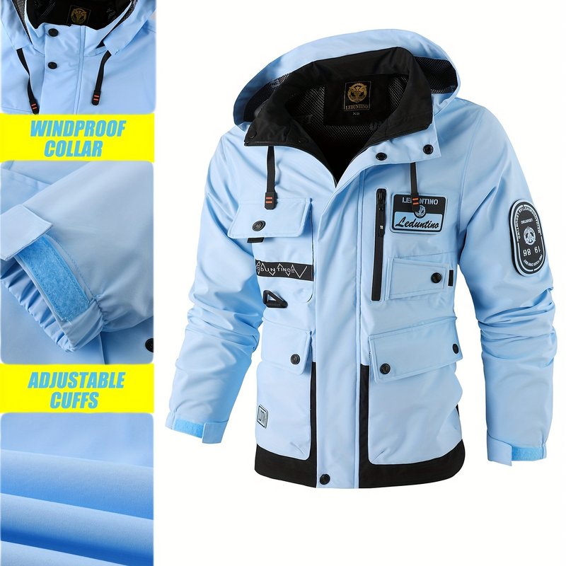 Men's hooded jacket for spring and autumn with windproof and warm features, detachable hat, multi-pocket cargo design, zipper closure, color block style, and leisure look.