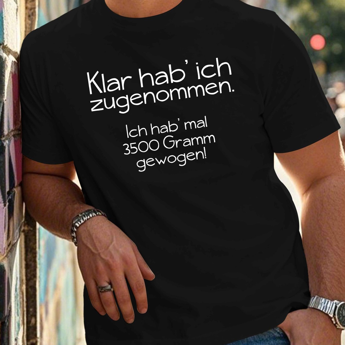 Men's 100% Polyester Crew Neck Tee in Geometric Pattern with German Quote, Regular Fit, PLUS SIZE