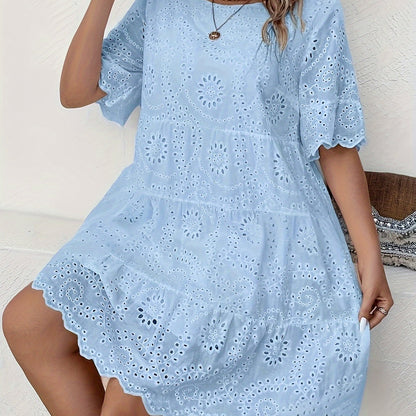 Lace-trimmed plus size dress with eyelet embroidery, round neck, short sleeves, and mesh fabric, ideal for spring and summer.