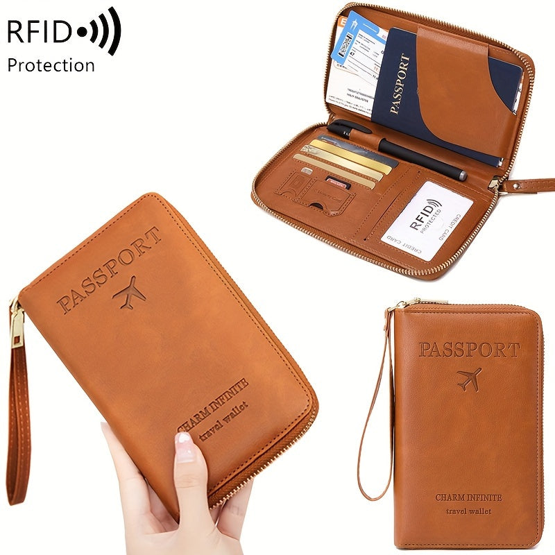 Brown PU travel wallet with RFID blocking for passports, cards, tickets, and IDs. Zipper closure and wrist strap, compact design with multiple compartments for secure organization.