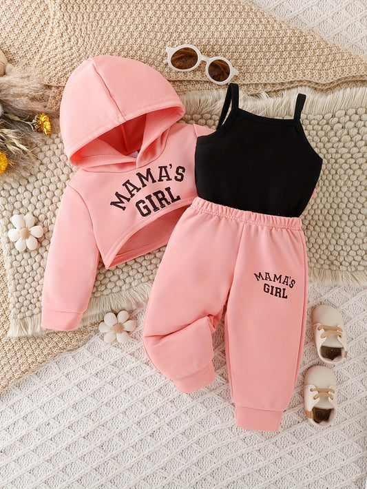 Stylish girl baby letter print street casual 3-piece outfit: cropped hoodie, cami top, and pants set for outdoor wear.