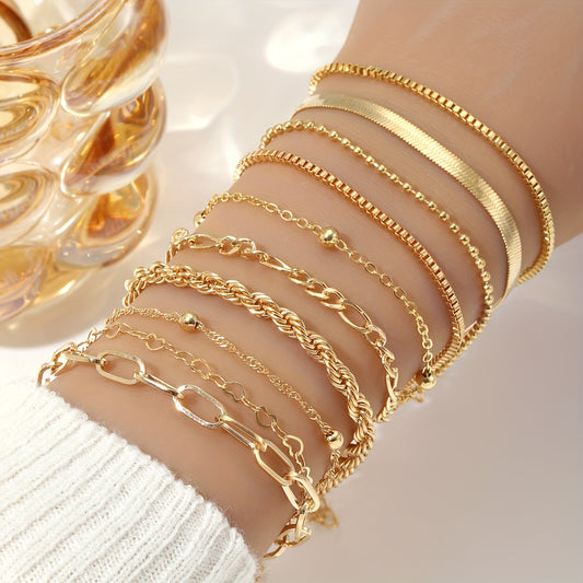 Set of 10 elegant golden bracelets for women, stylish and versatile for daily wear or vacation, great gift idea.