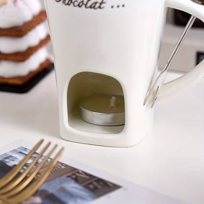 White ceramic cup for melting ice cream, cheese, or chocolate with a fork for holding candles and heating coffee; 150ml/5oz novelty mug.