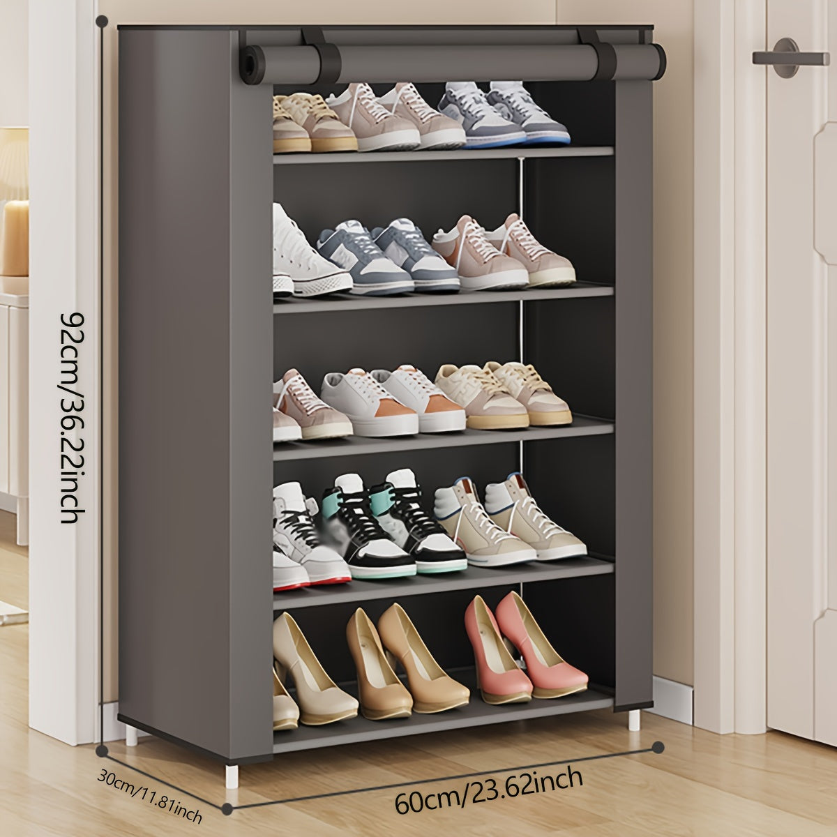 Compact shoe rack with cover, fabric material, simple assembly, high storage capacity, portable for home, dorm, or entryway, available in multiple layers and sizes.