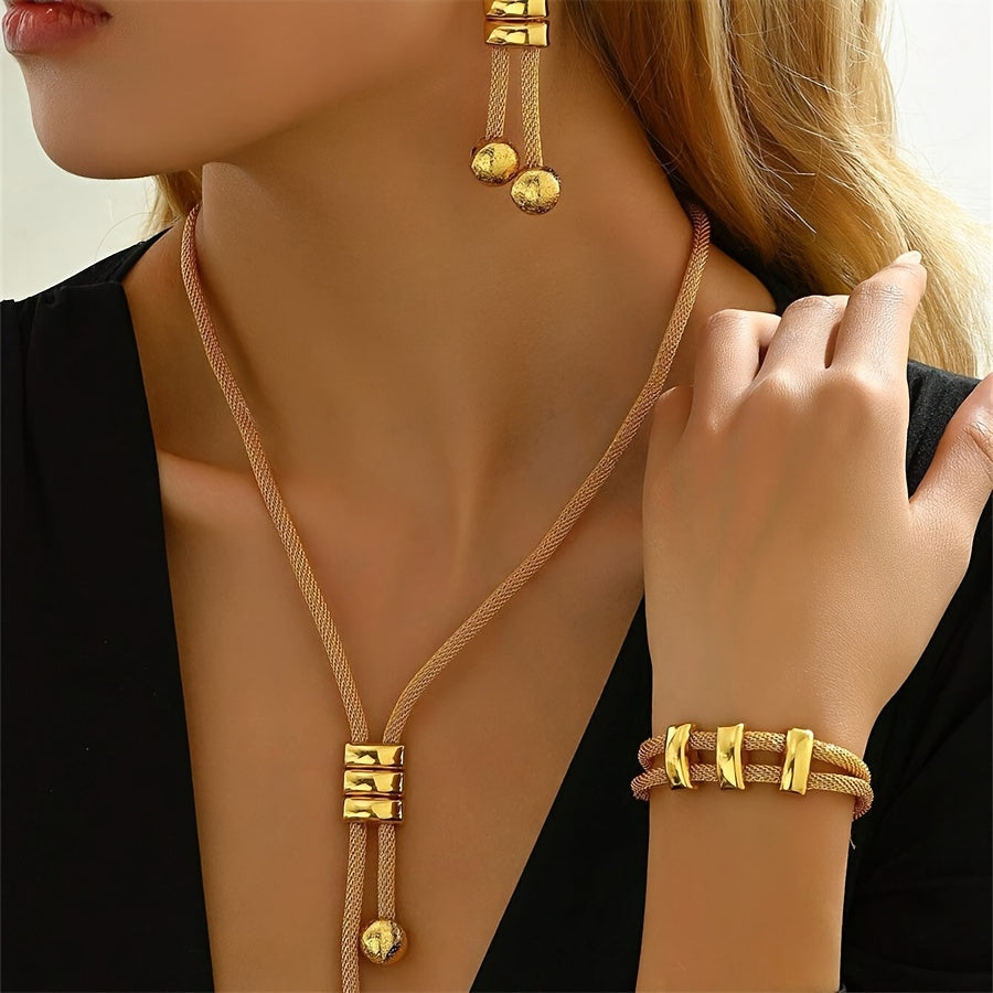 Vintage Boho Style 3-Piece Set of 14K Golden Plated Copper Jewelry, African Inspired, Featuring Necklace and Earrings for Women, Suitable for Daily and Party Wear.