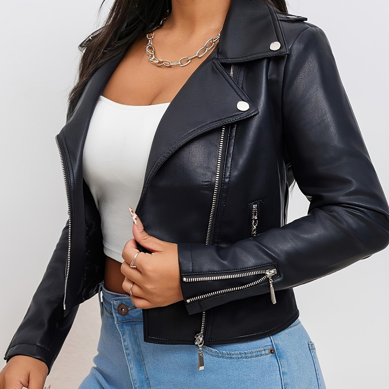 2024 Women's Fashion Faux Leather Biker Jacket, Slim Fit, Solid Color, Zipper Front, Long Sleeve, Spring/Autumn, Pockets, Commuter Style