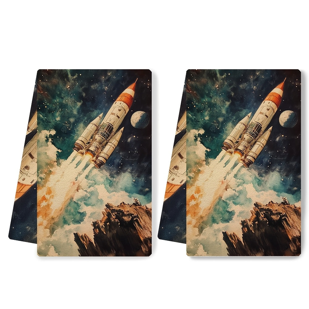 This pair of ultra-soft kitchen towels is adorned with NASA's Grand Tour of Space Tourism, making them a unique and eye-catching addition to your kitchen decor. Not only are these towels highly absorbent, but they are also machine washable for easy care.