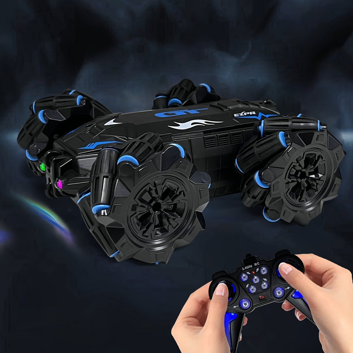 Fantasy-themed RC stunt car with gesture control, LED lights, and music. Double-sided 360° flips, USB rechargeable battery, push button control.