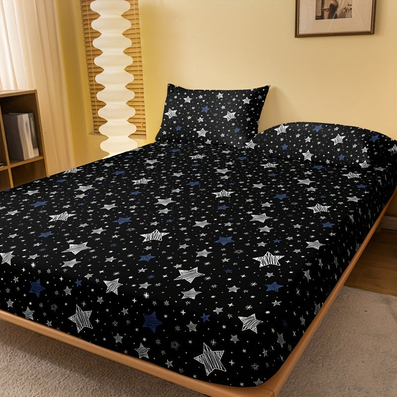 Brushed Fitted Sheet with Star Print Design for a Soft and Comfortable Bedding Experience. Perfect for Bedroom or Guest Room. Features Deep Pocket for a Secure Fit on Mattresses. Includes Fitted Bed Sheet Only.