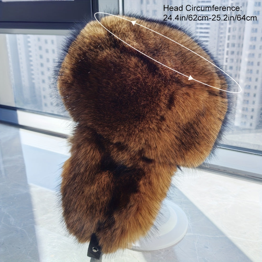 Luxurious Men's faux fur trapper hat with bomber style, fluffy fur trim, Russian ushanka design. Handwash/dry clean, polyester lining for winter comfort.