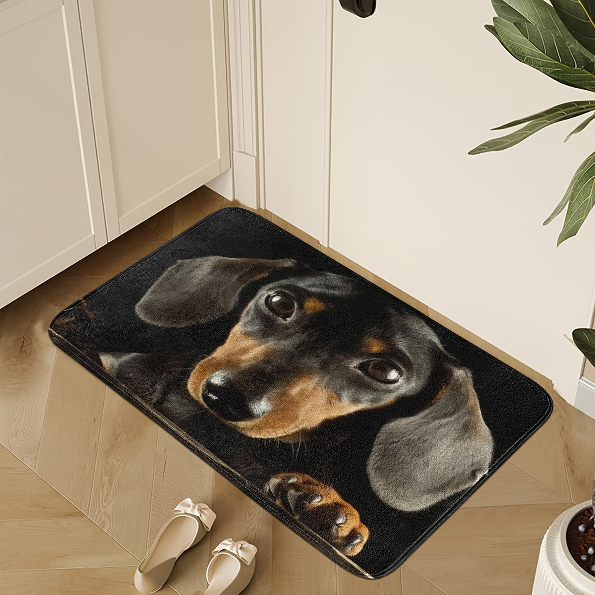 Machine washable, soft and absorbent Black Dachshund Dog Print Door Mat with non-slip backing for home entrances.