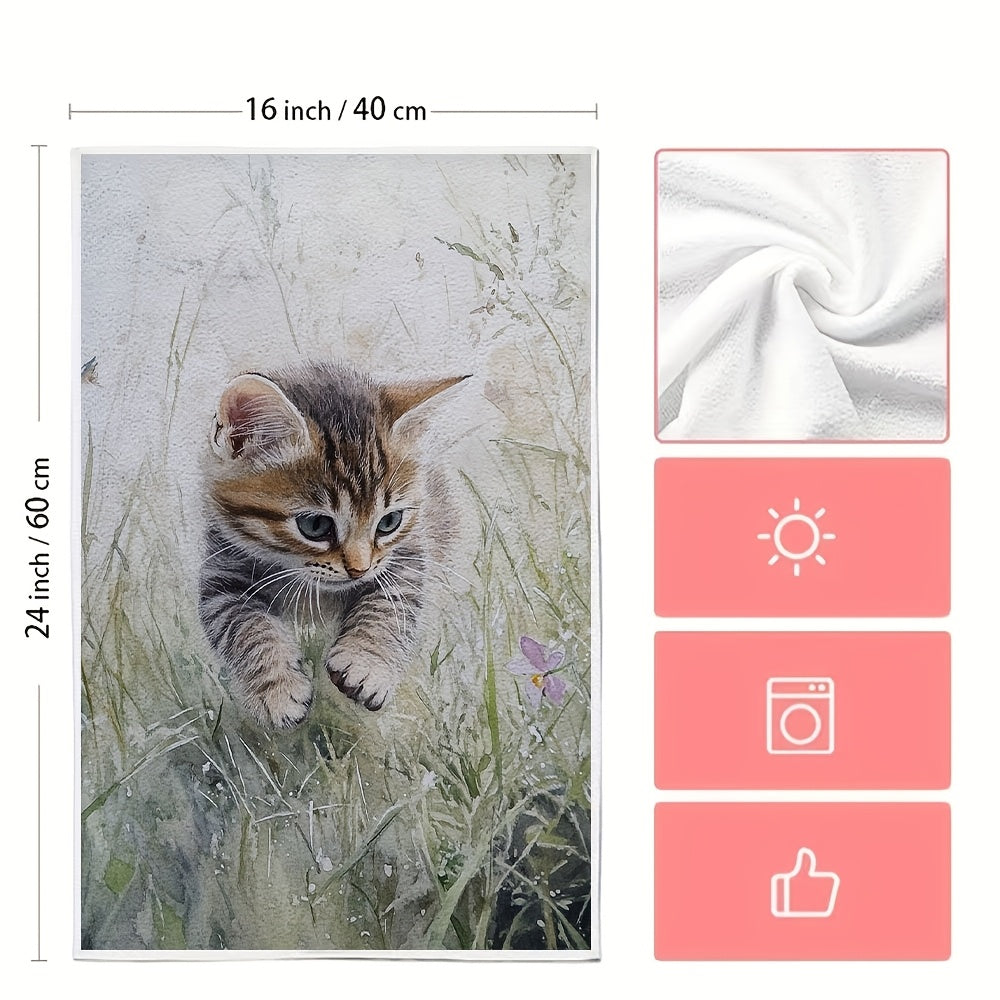 Two ultra soft kitchen towels featuring an adorable kitten in grass design. These towels are highly absorbent, machine washable, and perfect for adding a contemporary coastal touch to your kitchen decor. Each towel measures 40.64x60.96 cm. Perfect for