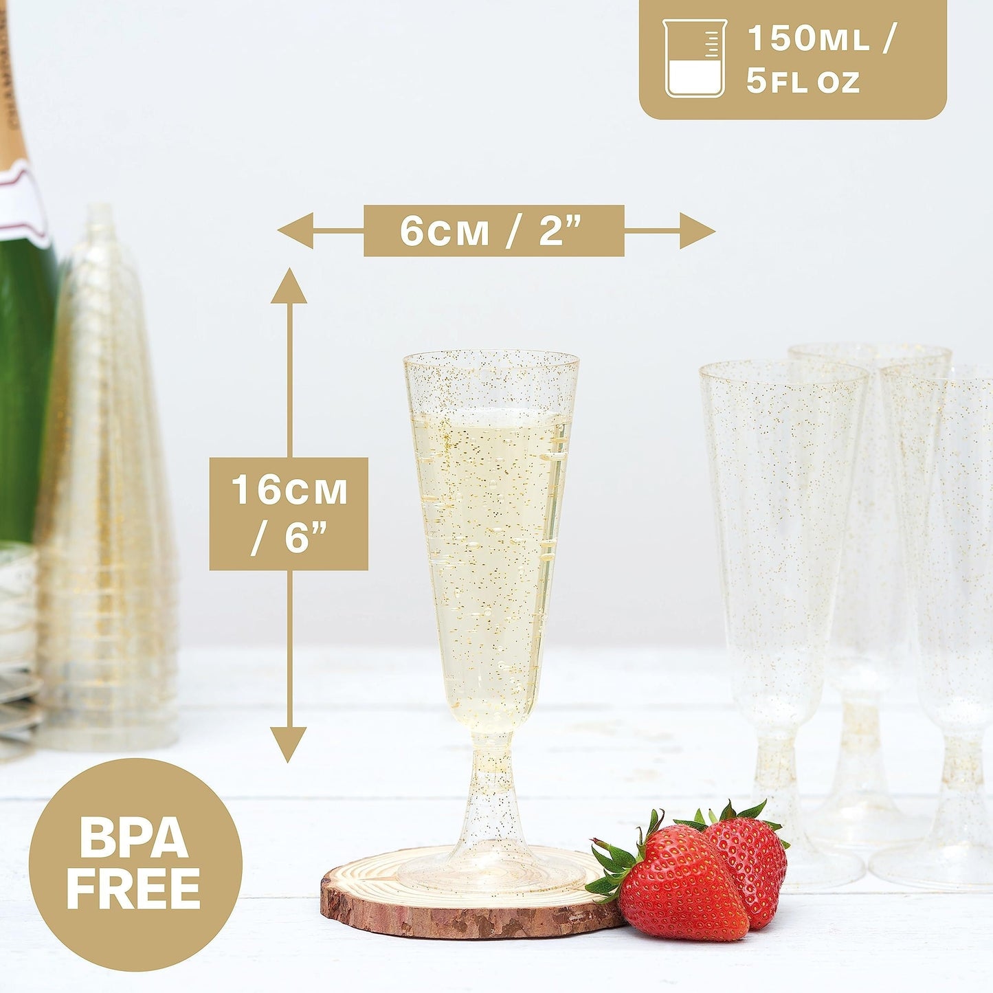 25 pieces of Golden Glitter 5oz Plastic Champagne Flutes, Clear and Eco-Friendly Toasting Glasses for Weddings, Anniversaries, and Garden Parties - Versatile Mimosa and Cocktail Cups