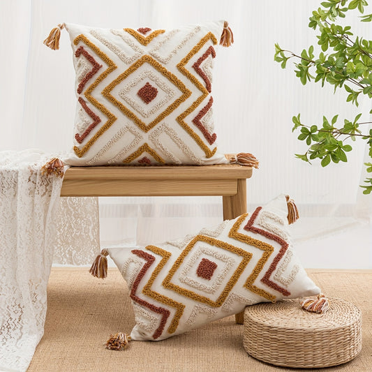 1pc Geometric Square Bohemian Style Loop Velvet Embroidery Craft Printed Throw Pillow Cover for Home Decor