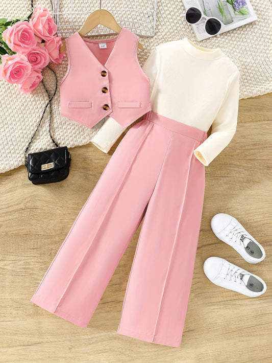 3-piece girls' casual outdoor outfit includes sleeveless vest, long sleeve top, and wide leg pants for spring and fall.