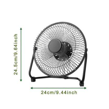 A portable USB plug-in desktop fan with a stylish 8-inch iron art design. Features 2-speed adjustable settings, 4 strong fan blades, and a 360° adjustable angle for maximum airflow.