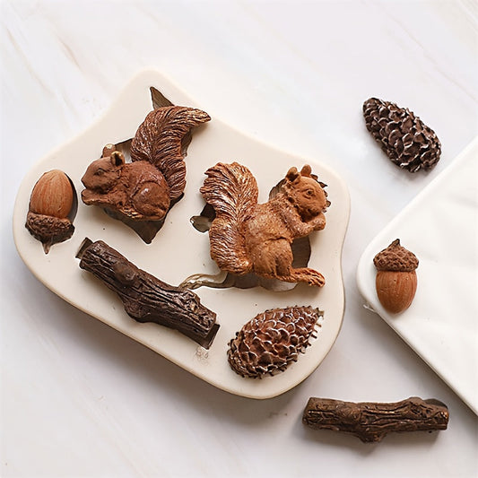 Silicone mold for cake decorating and baking, featuring a squirrel design from the Forest Animal Series. Ideal for making fudge, cookies, and chocolates. Perfect for DIY kitchen projects.