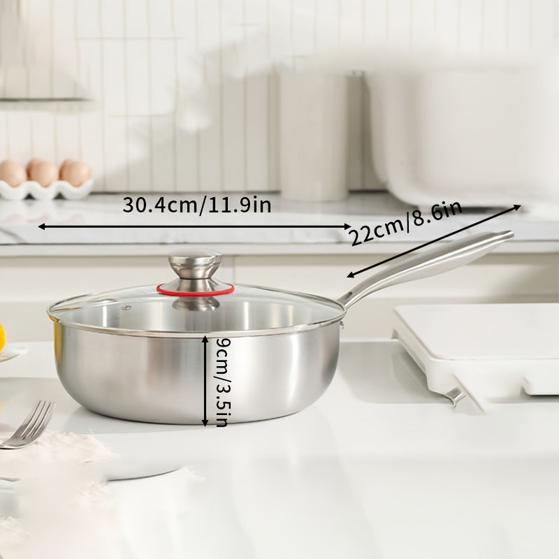 This durable stainless steel soup pot with a single handle is perfect for cooking hot milk and other dishes. It is a non-stick pot that is great for use with electromagnetic cooking. This kitchen utensil is a must-have for modern home kitchens, as it is