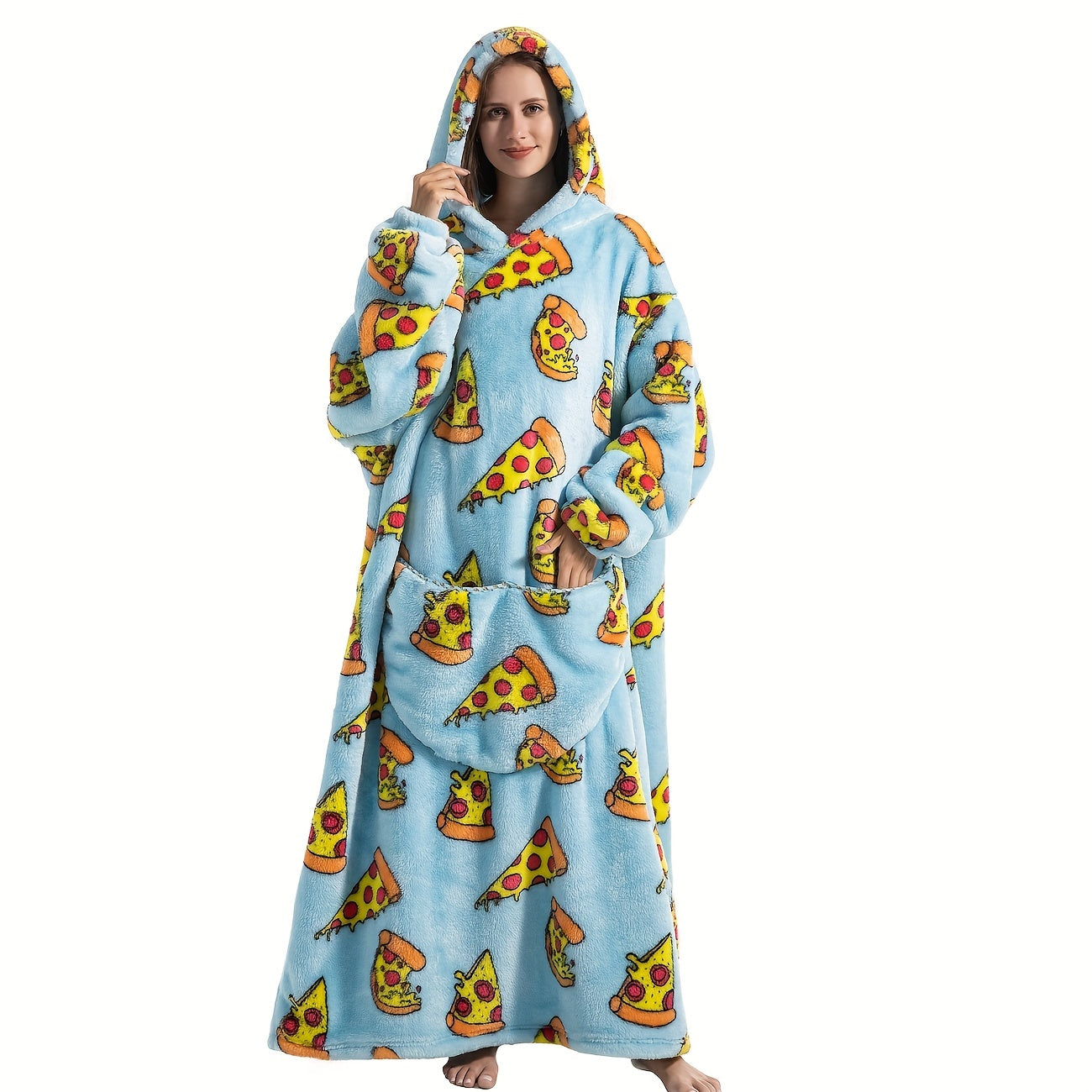 Stay warm and stylish in our oversized hoodie wearable blanket featuring a fun pepperoni pizza print. Made from super soft, warm polyester, this adult robe comes with a large front pocket for your convenience. Perfect for both men and women, this