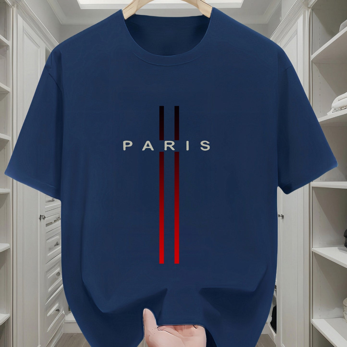 Men's 100% cotton T-shirt featuring Paris flag design, crew neck, short sleeves, and regular fit.