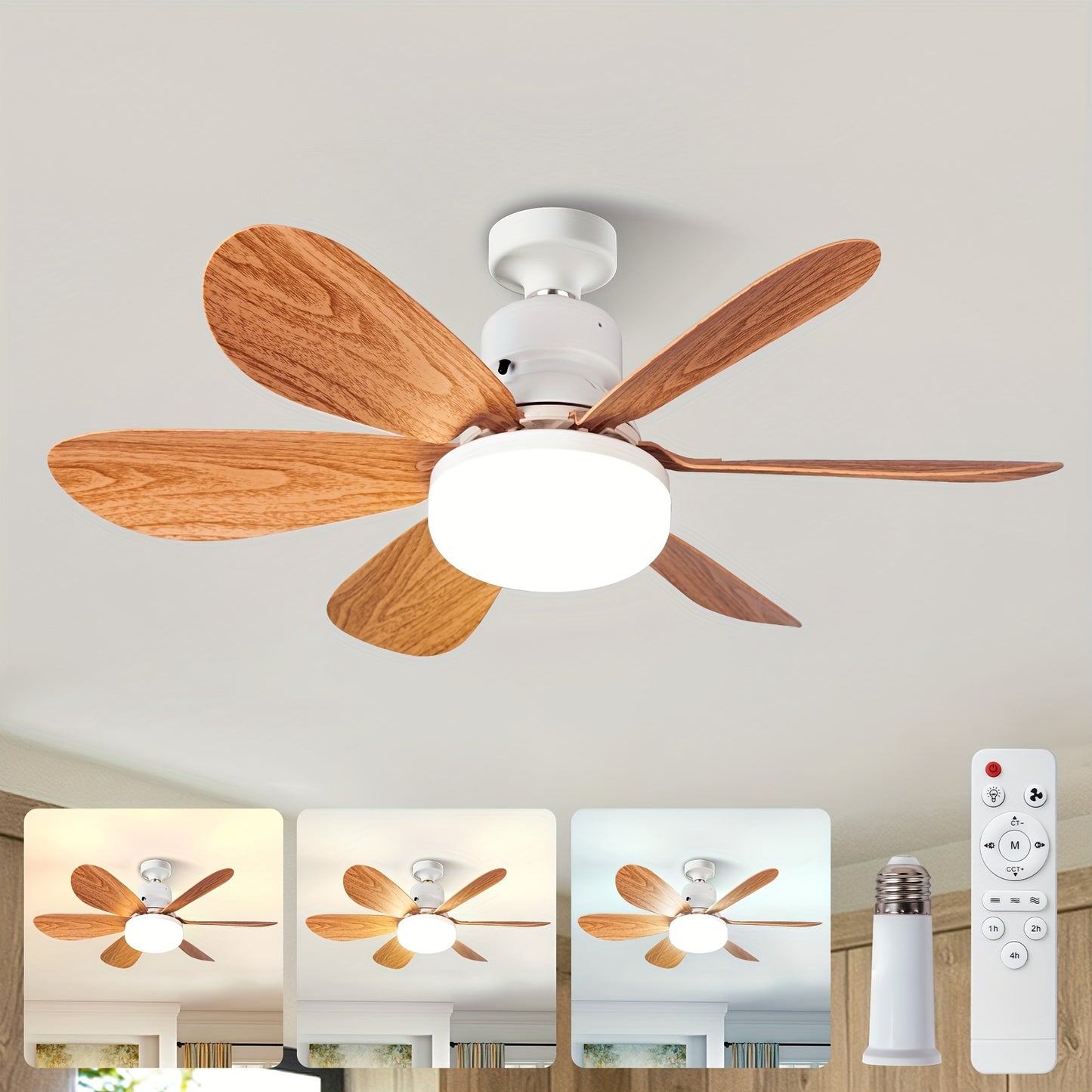 SURNIE Modern Matte Ceiling Fan with Remote Control featuring 6-Blade Wood Grain design, Dimmable LED Bulb, 3 Speeds, E27 Base, Indoor Use for Bedroom, Kitchen, Living Room - Compatible