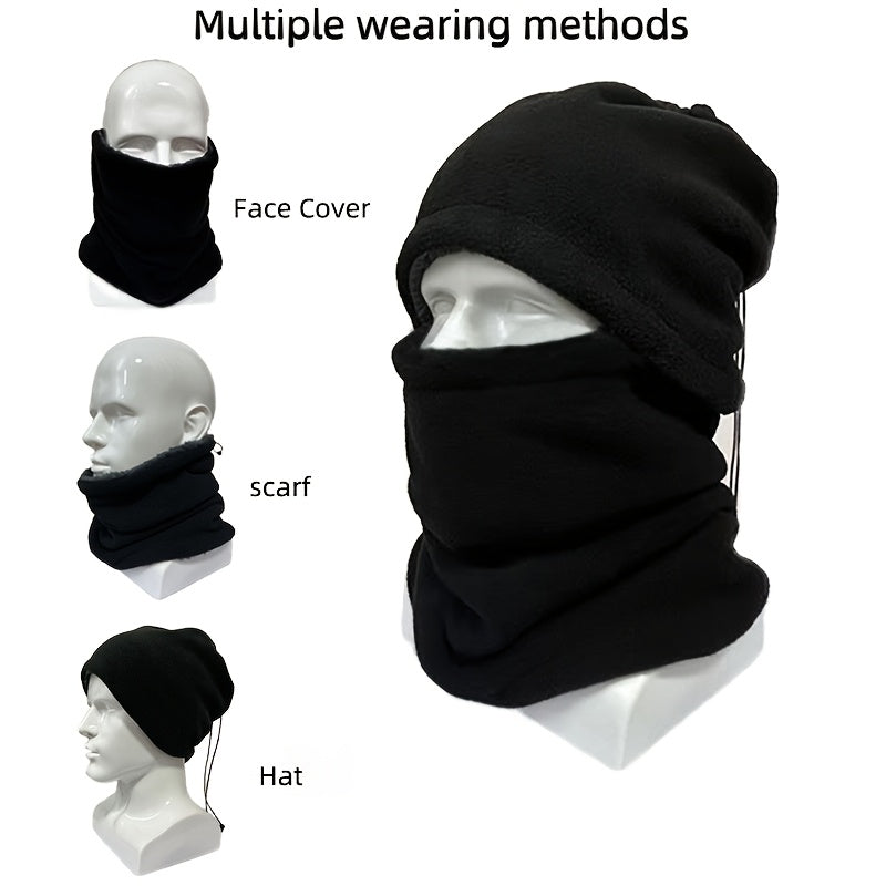 Two pieces of men's warm neck gaiter scarves made of polyester knit material. They are breathable and windproof with a soft fleece lining, suitable for winter cycling and outdoor activities. The scarves come in a solid color and should be hand washed