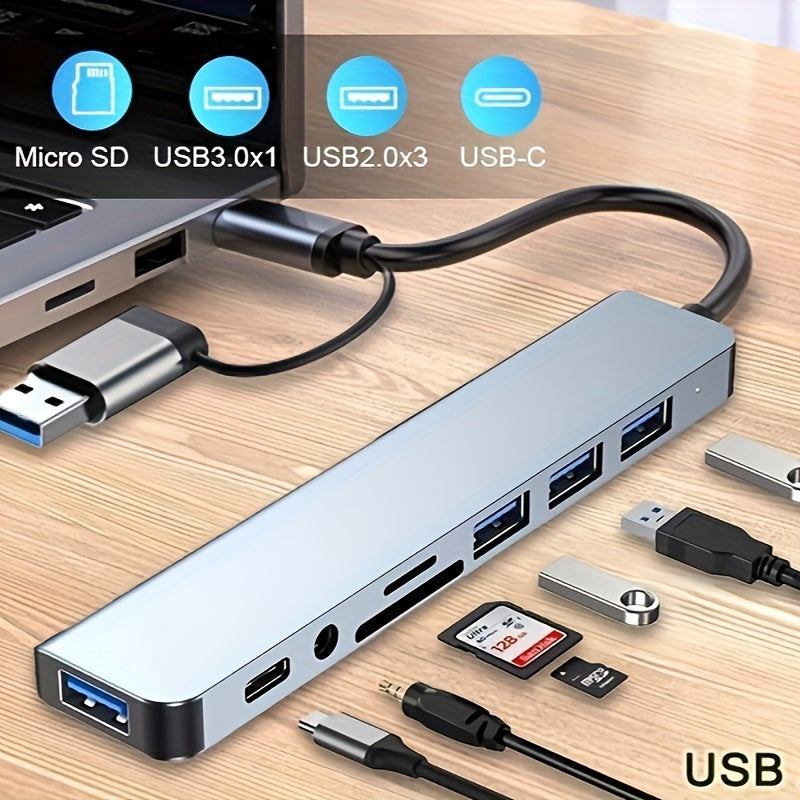 USB hub with audio jack, 8 ports, tablet-compatible, USB-powered, 5V operating voltage.